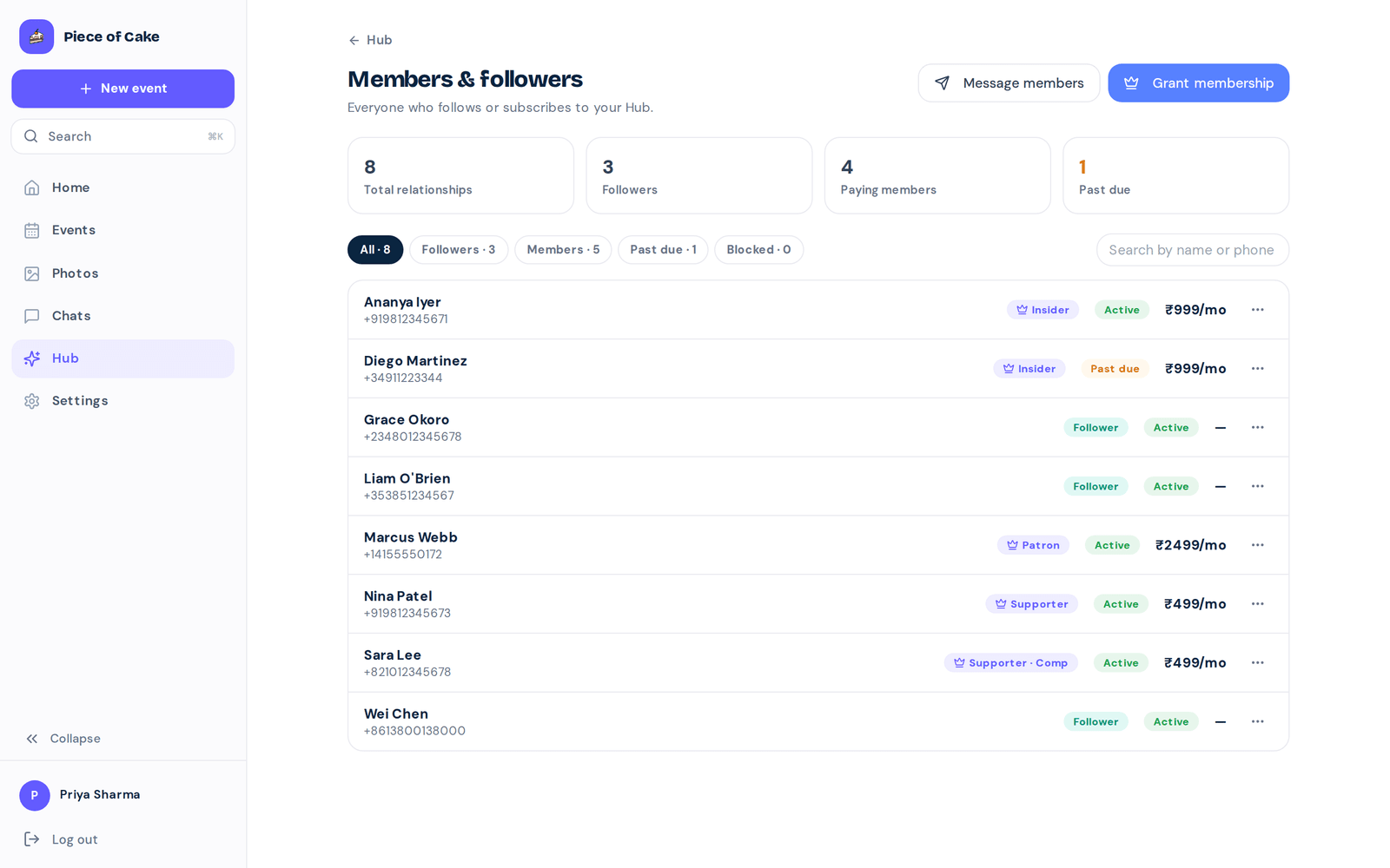 Hub members and followers with membership tiers, statuses, and monthly prices